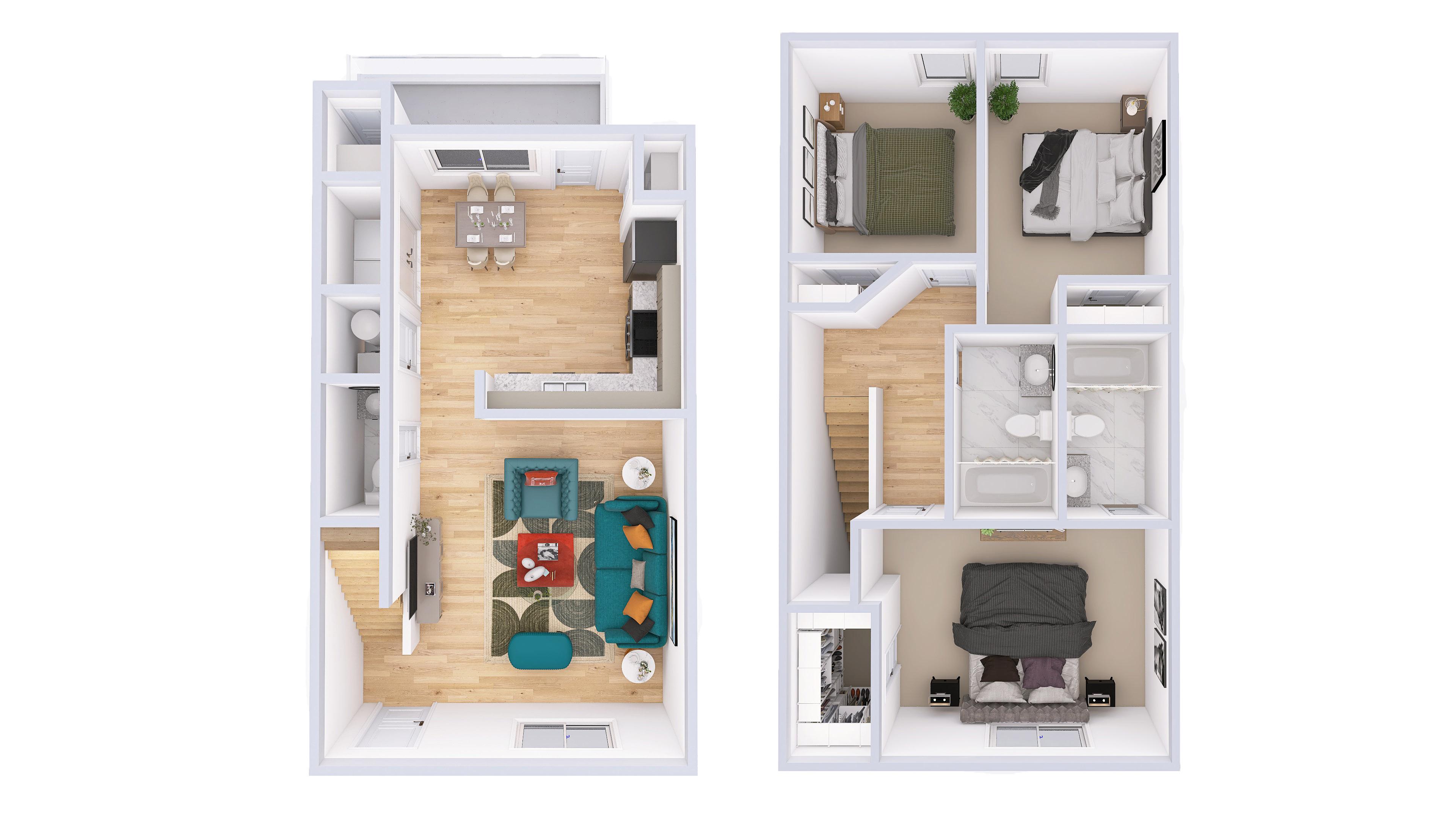 Floor plan for 3 beds, 2.5 baths, 1250 sqft